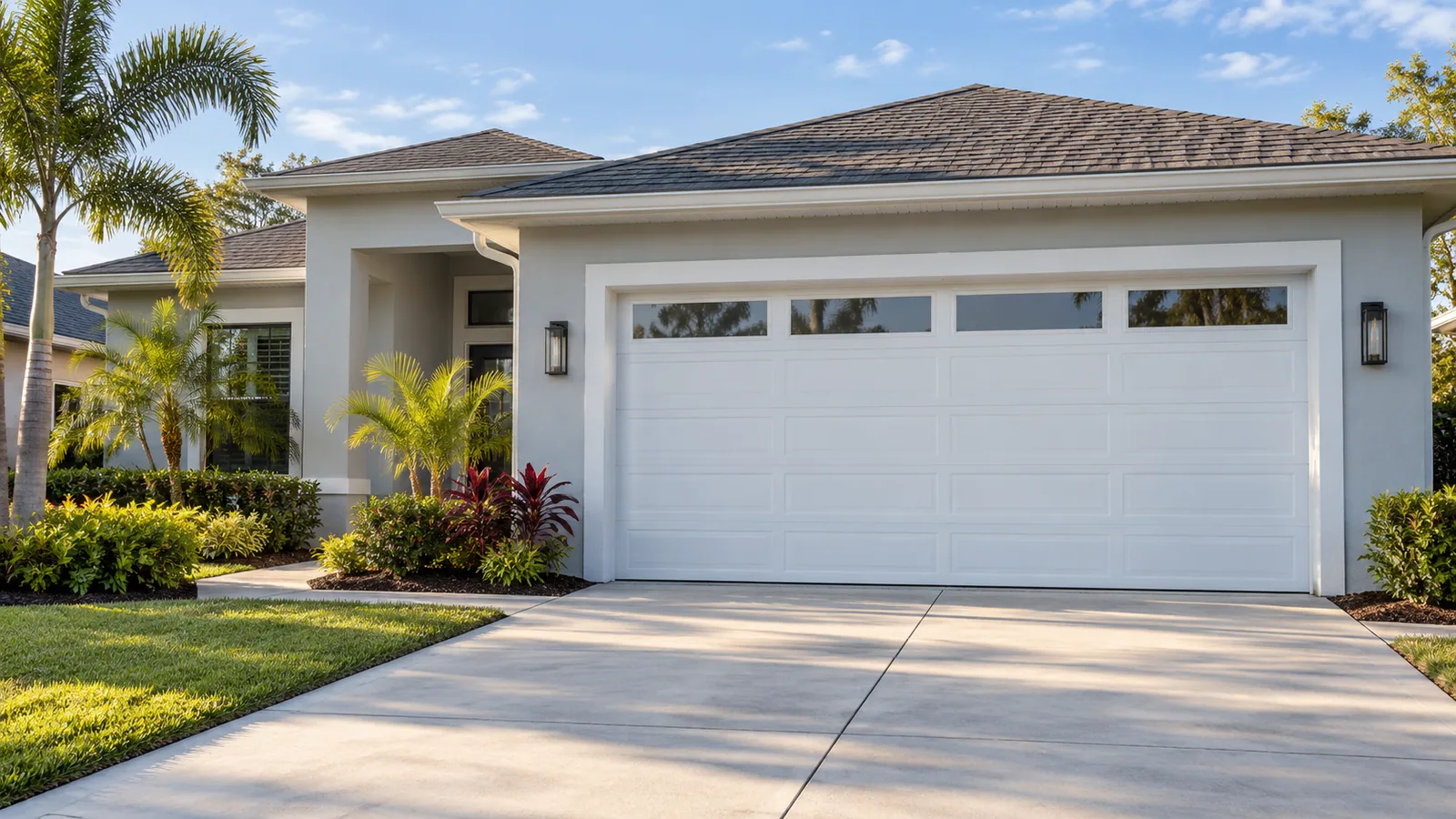 Architectural illustration of an Orlando-style home with a white sectional garage door